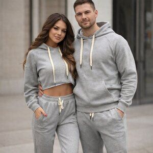 2 Piece Matching Hoodie and Pants Tracksuit Set - Gray Crop Top and Pants Set